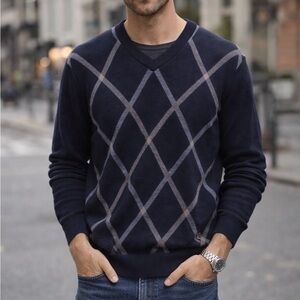 Vintage V Neck Argyle Diamond 100% Extra Fine Merino Wool Sweater L 1990s